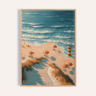 Framed Beach Lighthouse Print showing a striped lighthouse and orange beach umbrellas in illustration style