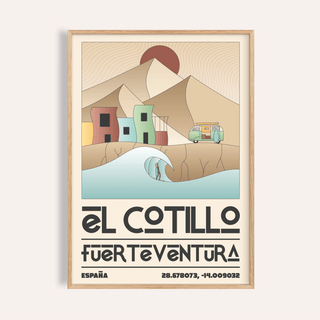 Framed El Cotillo Surfing Poster with surfer in blue wave and beige mountainous background