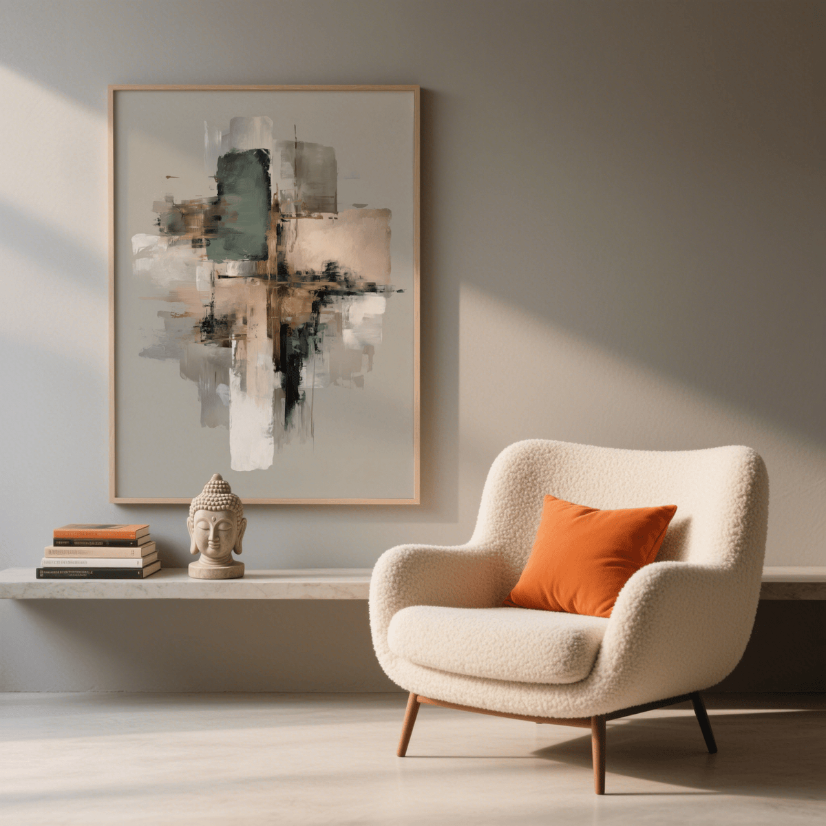 Print on a wall of pink and gold abstract art with blurred geometric shapes beside a beige armchair with an orange cushion