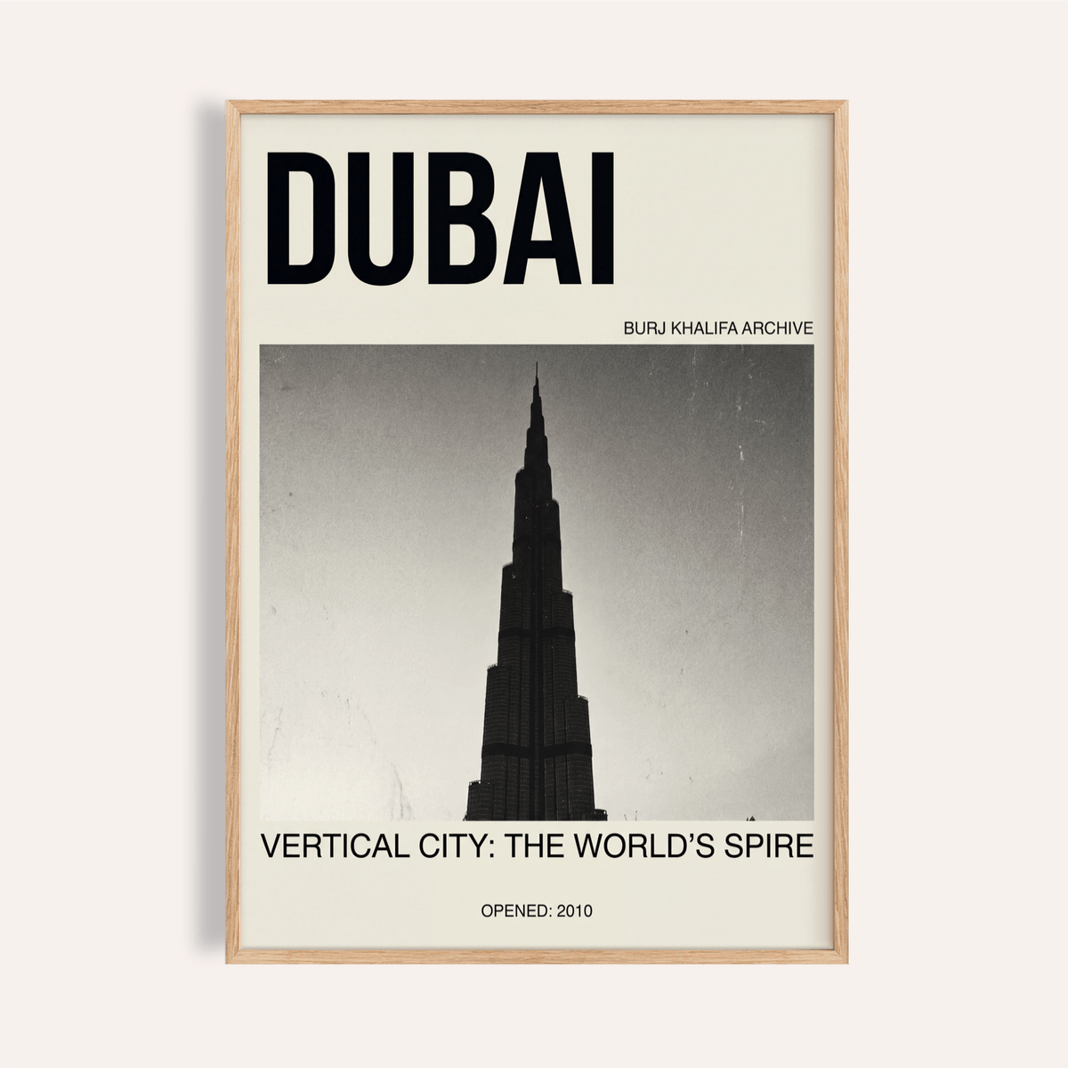 Framed Burj Khalifa art print in black and grey with typographic details