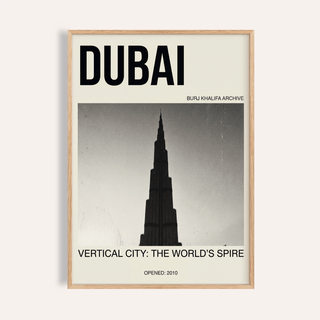 Framed Burj Khalifa art print in black and grey with typographic details