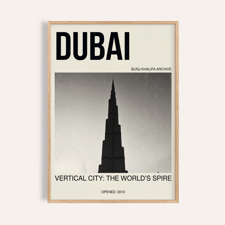 Framed Burj Khalifa art print in black and grey with typographic details