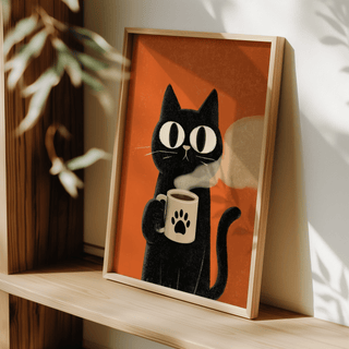 Framed Cat Coffee Mug Print with black cat holding a steaming mug on an orange background leaning on a wooden shelf