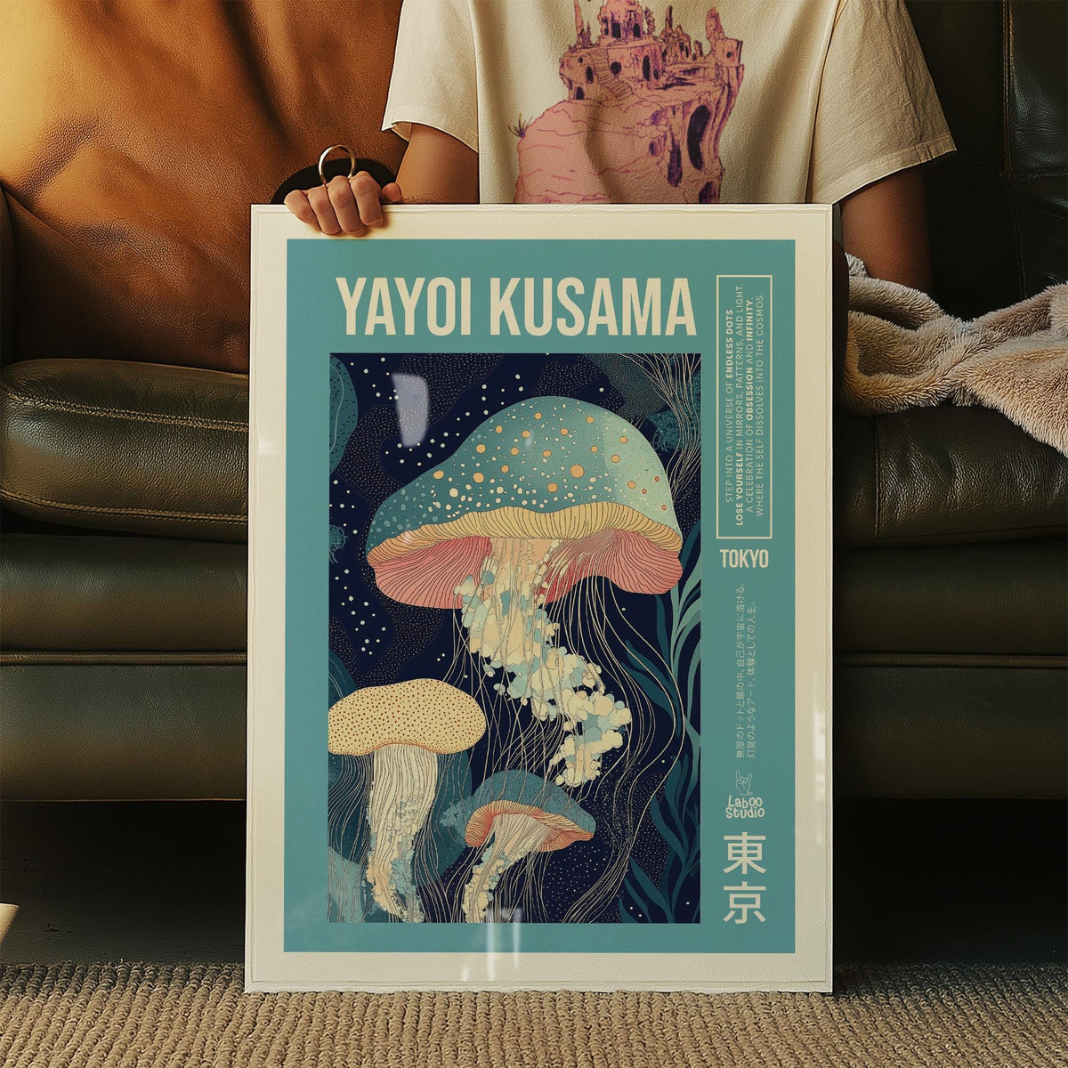 Framed print of jellyfish illustration with blue and pink tones held on a couch
