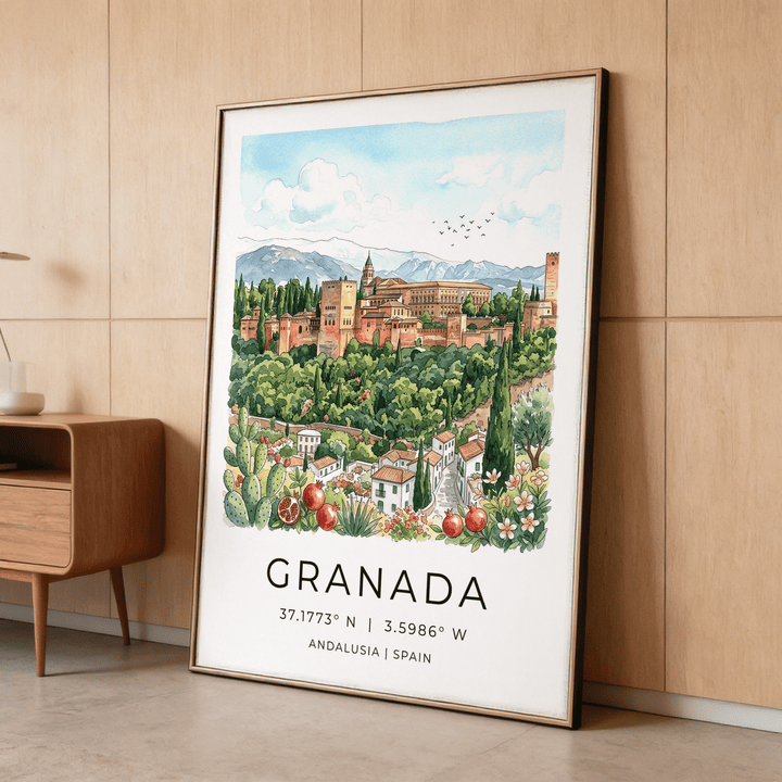 Framed Granada Spain Art Print leaning against a wooden wall with vibrant watercolour illustration