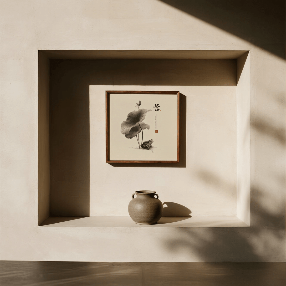 Japanese Frog Art framed print with a frog and lotus leaf in black ink above a brown pottery vase