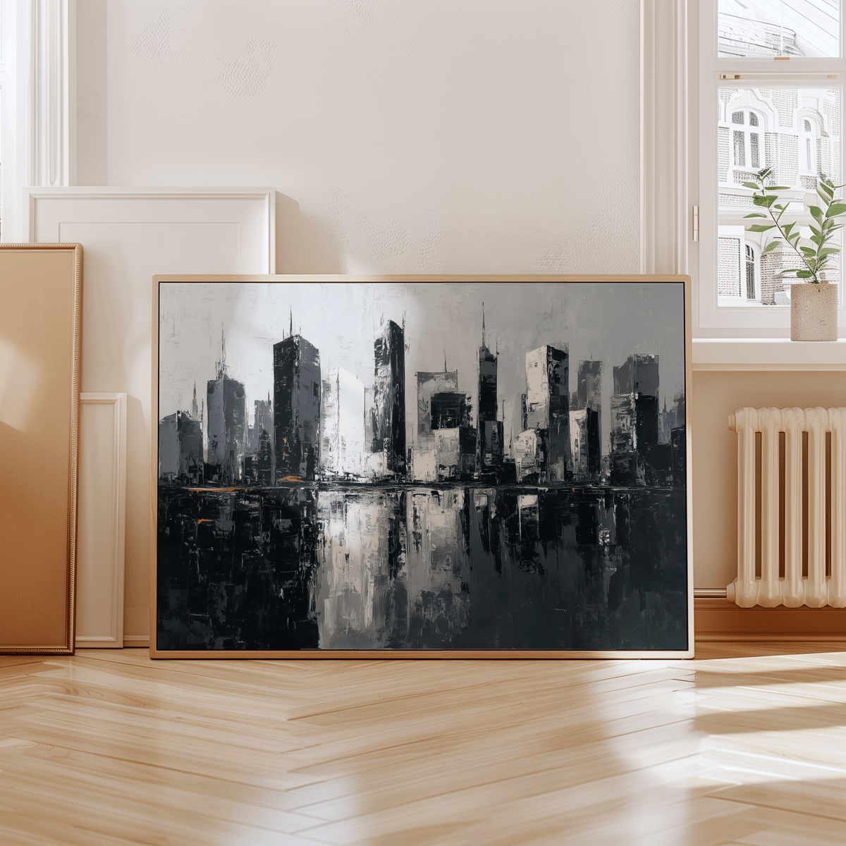 City skylines wall art of an abstract black and grey city skyline reflection leaning on a wooden floor near a window