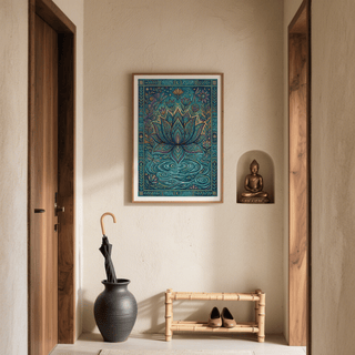 Colourful Nature print of a lotus flower with birds and dragonflies in a light hallway with umbrella stand