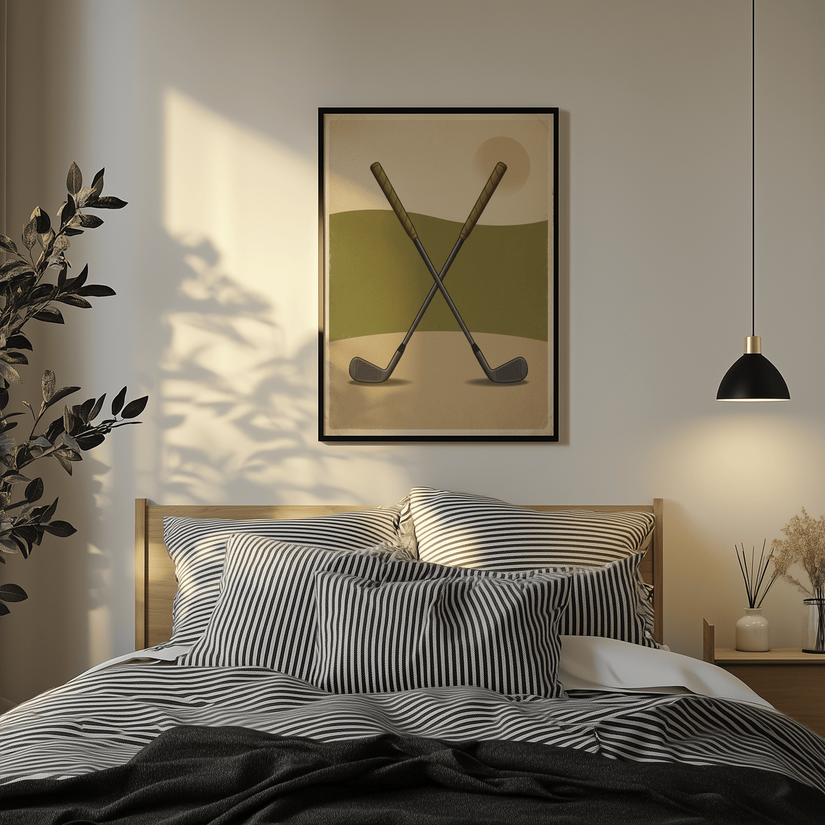 Crossed Golf Clubs Poster framed print hanging above a bed with black and white striped bedding in a bedroom