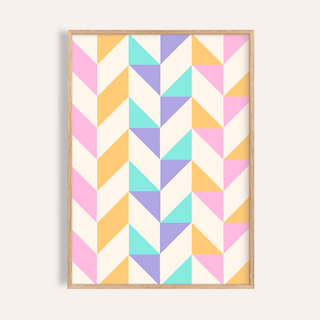 Framed Abstract Pastel Print with a geometric pastel pattern in soft pink, orange, purple and turquoise