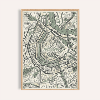 Framed Amsterdam Map Art Print with green and beige minimalist city map detail