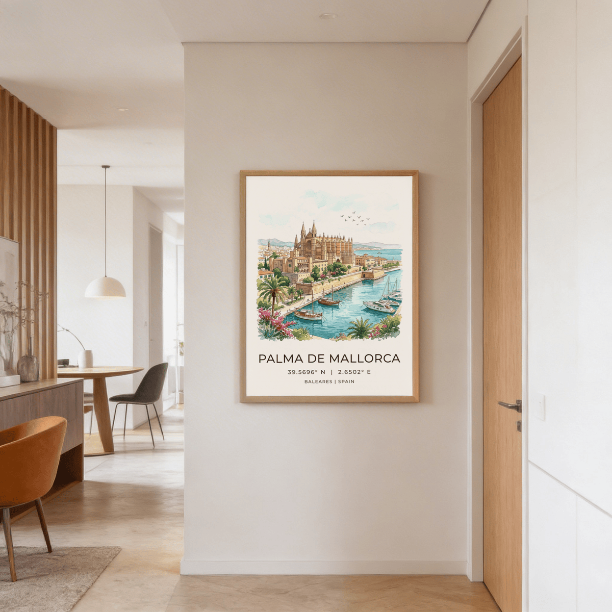 Print on a wall of Palma De Mallorca art print in watercolour with Palma Cathedral and harbour in neutral toned room