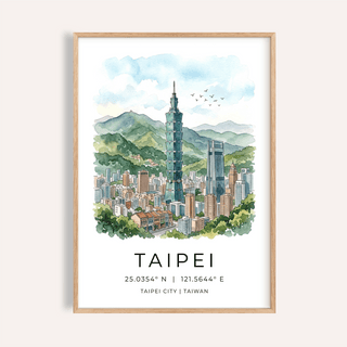 Framed Taipei City Art Print showing the Taipei 101 skyscraper in watercolour with green mountains and blue sky