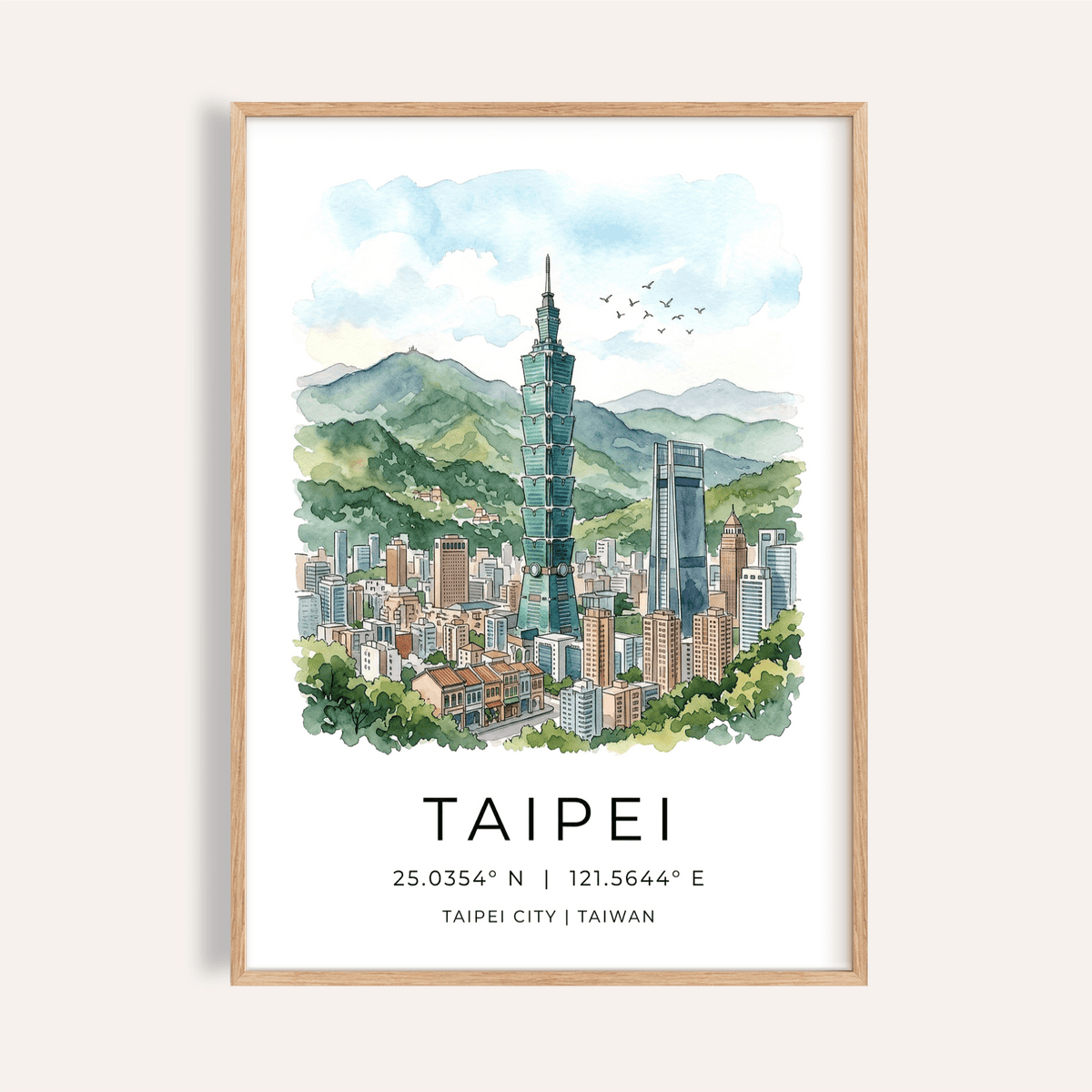 Framed Taipei City Art Print showing the Taipei 101 skyscraper in watercolour with green mountains and blue sky