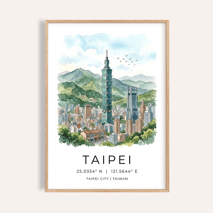 Framed Taipei City Art Print showing the Taipei 101 skyscraper in watercolour with green mountains and blue sky