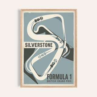 Framed print close-up of British Race Track Map Poster in blue and grey minimalist style