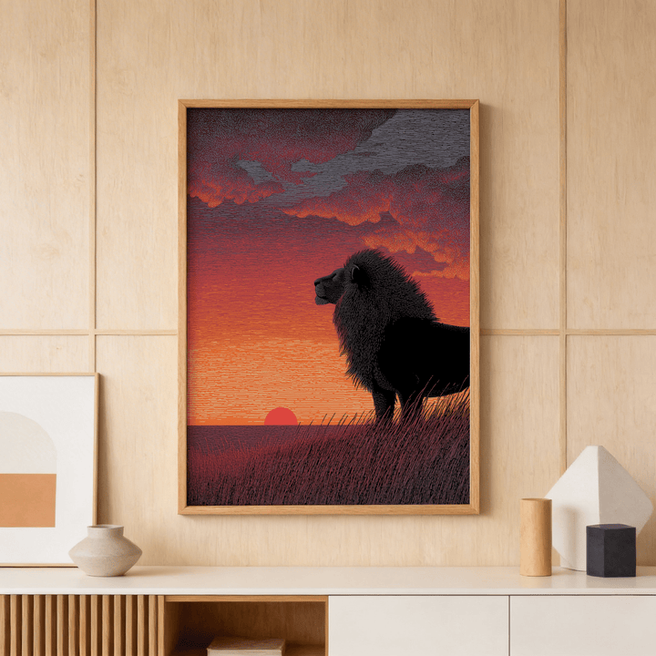 Framed Majestic Lion Art Print of a black lion silhouette at sunset on a wooden wall