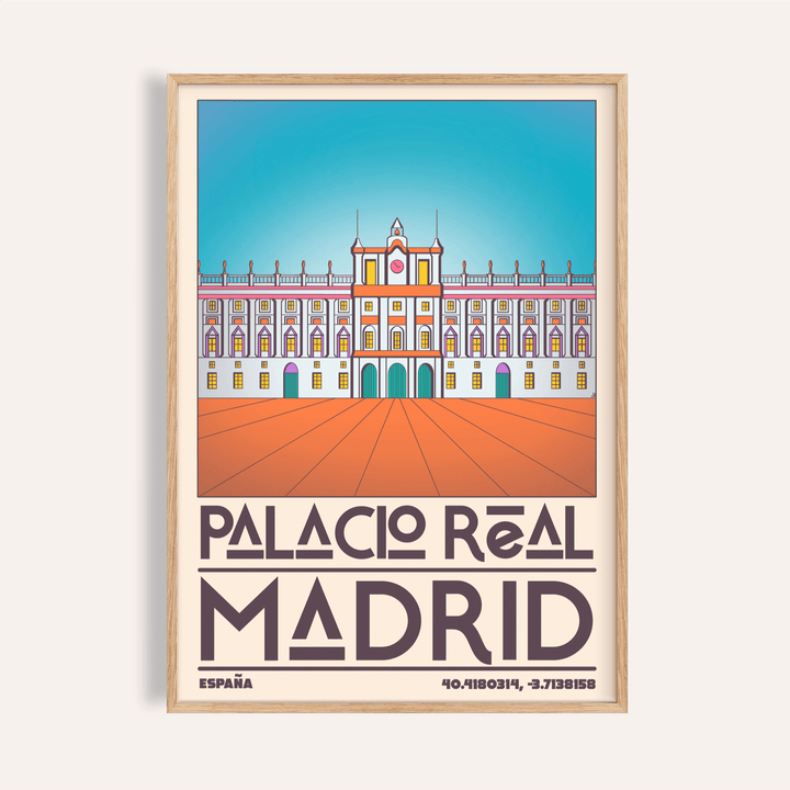 Close-up of Madrid Royal Palace Poster with minimalist illustration in blue and orange tones