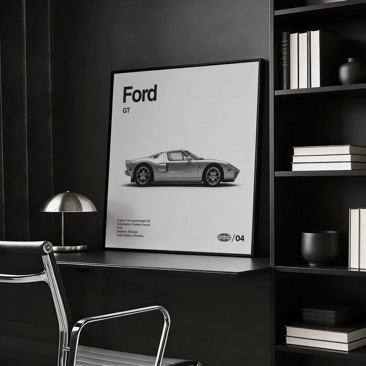Close-up of the grey and black sports car side profile in the American Supercar Poster suited for office decor