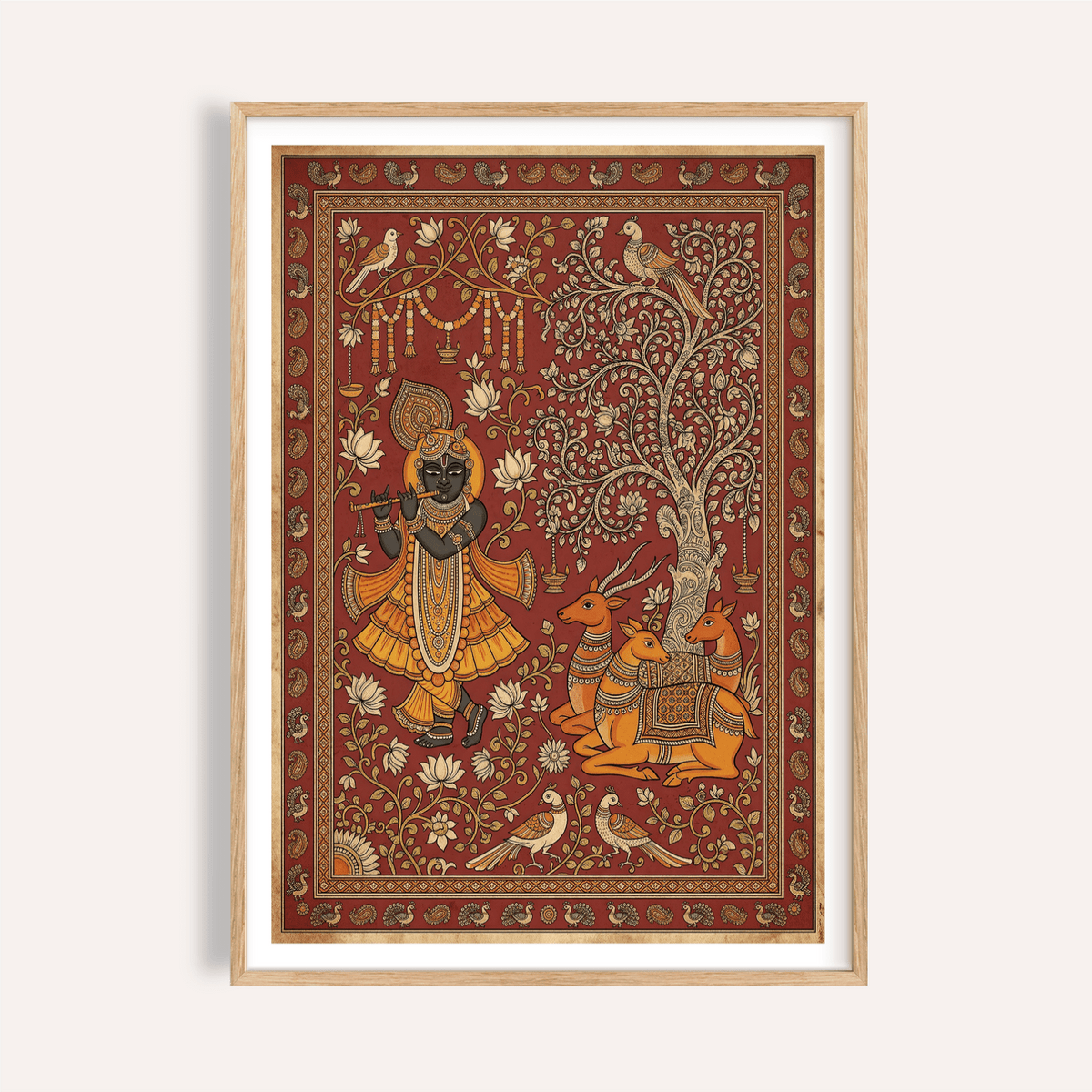 Framed Indian Folk Art Print of Krishna playing flute with orange and beige tones