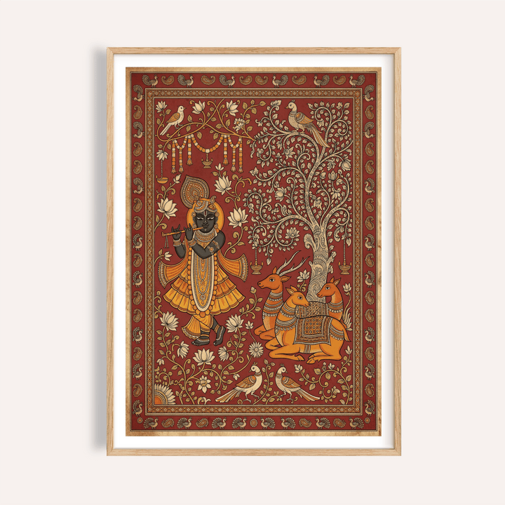 Framed Indian Folk Art Print of Krishna playing flute with orange and beige tones