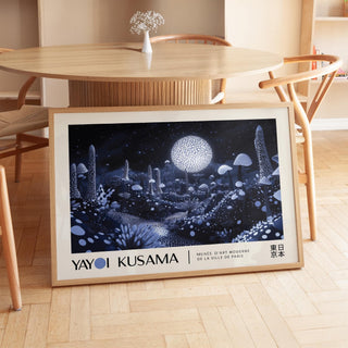 Moon Art Wall print of glowing mushrooms leaning on a wooden floor beside a dining table