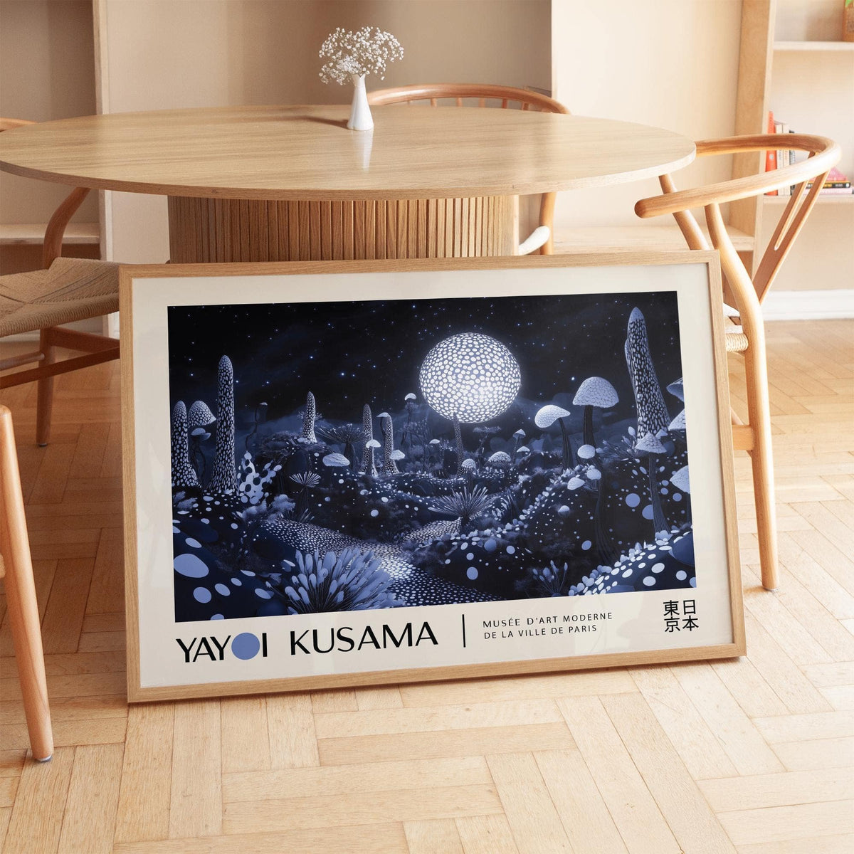 Moon Art Wall print of glowing mushrooms leaning on a wooden floor beside a dining table