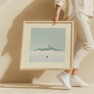 Framed Japan Travel Poster held by person with cream clothing showing Mount Fuji with snowy peak and lone figure