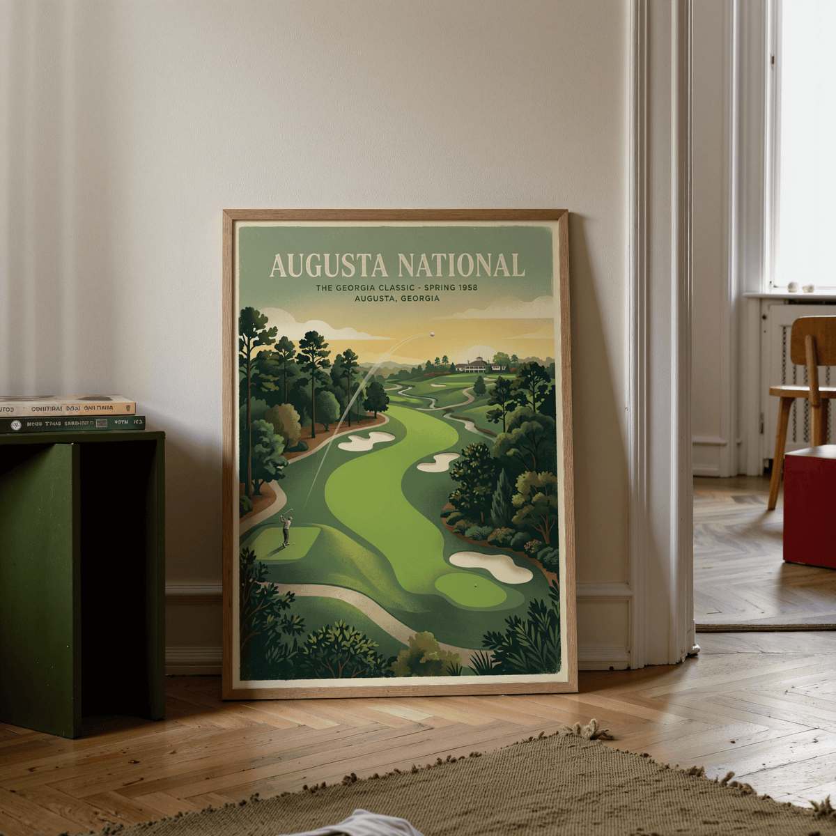 Print leaning on wooden floor of vintage golf course fairway with green and beige tones near a stack of books