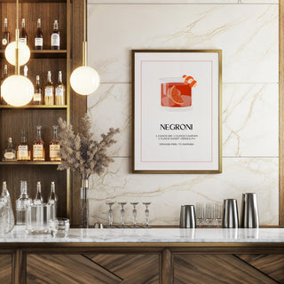 Negroni Cocktail Poster print on a wall with minimalist orange and red illustration above a bar counter