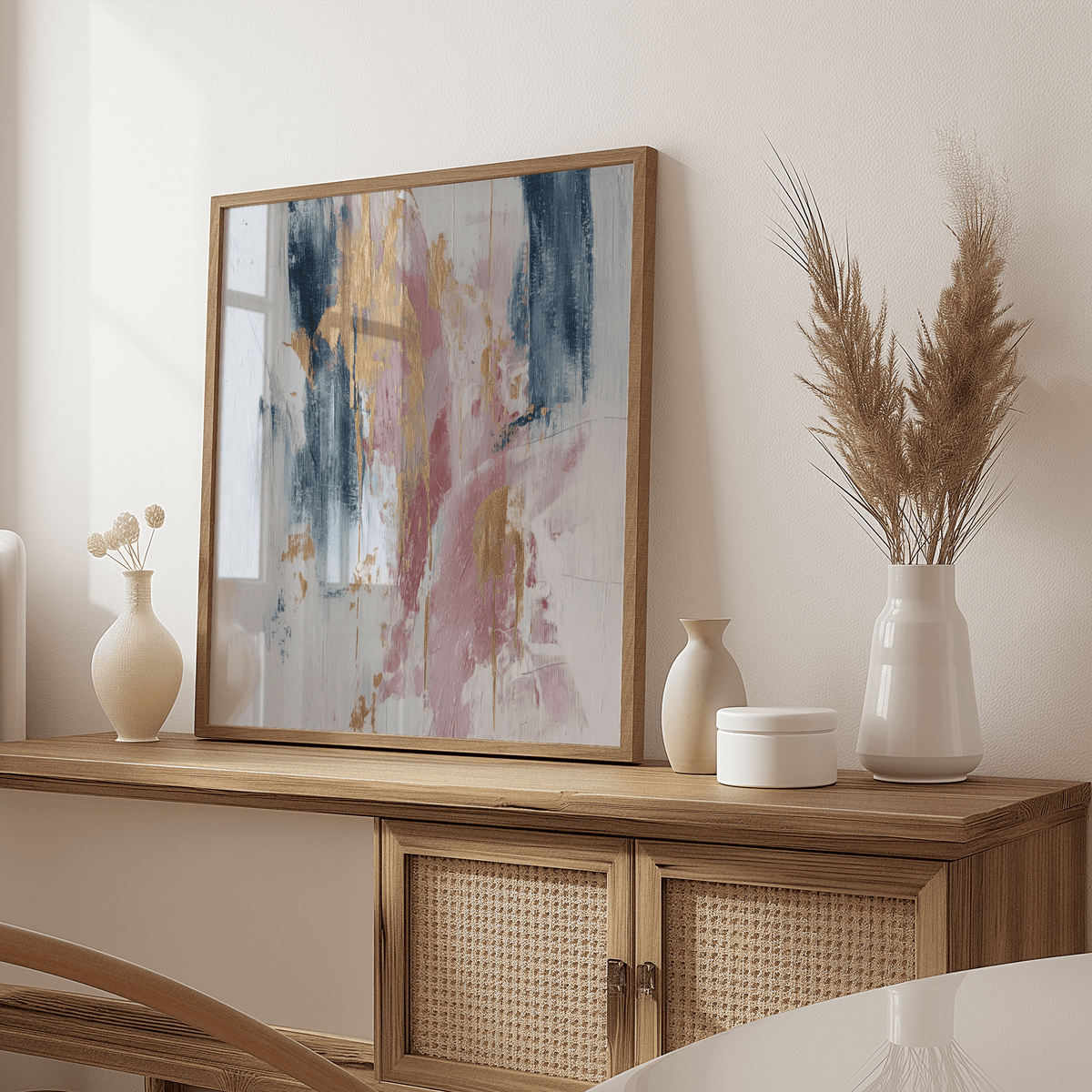 Print leaning on a wooden sideboard with vases and dried plants featuring abstract pink gold and dark blue strokes