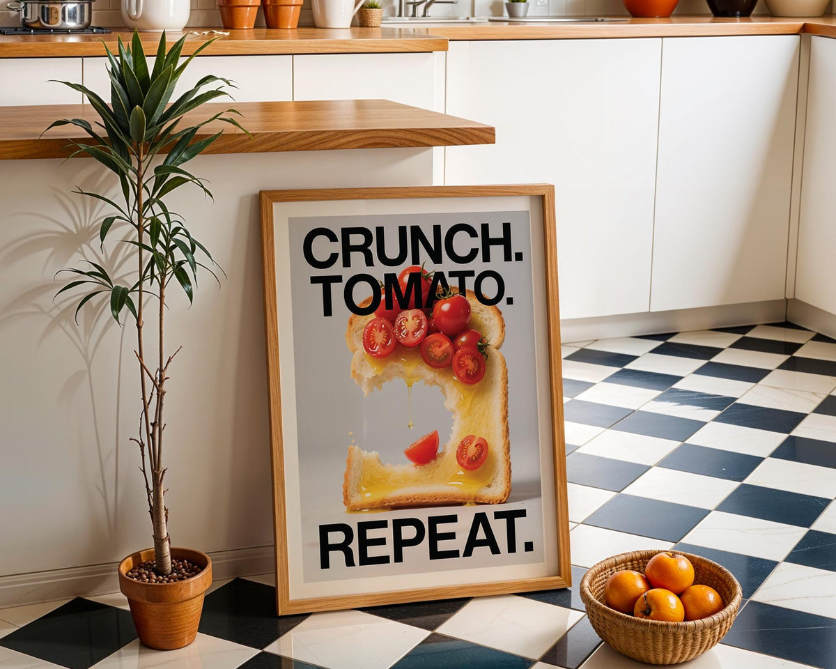 Dining Table Wall Art print leaning on a kitchen floor with black and white tiles next to a potted plant and fruit basket