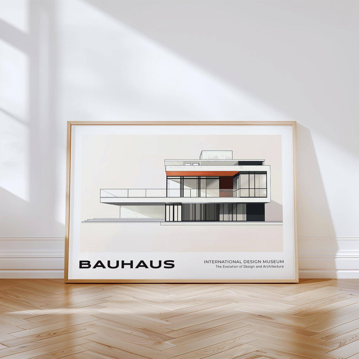 Architecture Art Print framed artwork leaning on floor with wood parquet and shadows