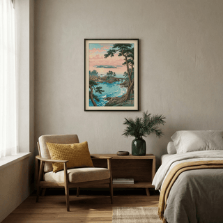 Hasui Kawase Sea Landscape Print hanging above a wooden console with a green vase in a bedroom