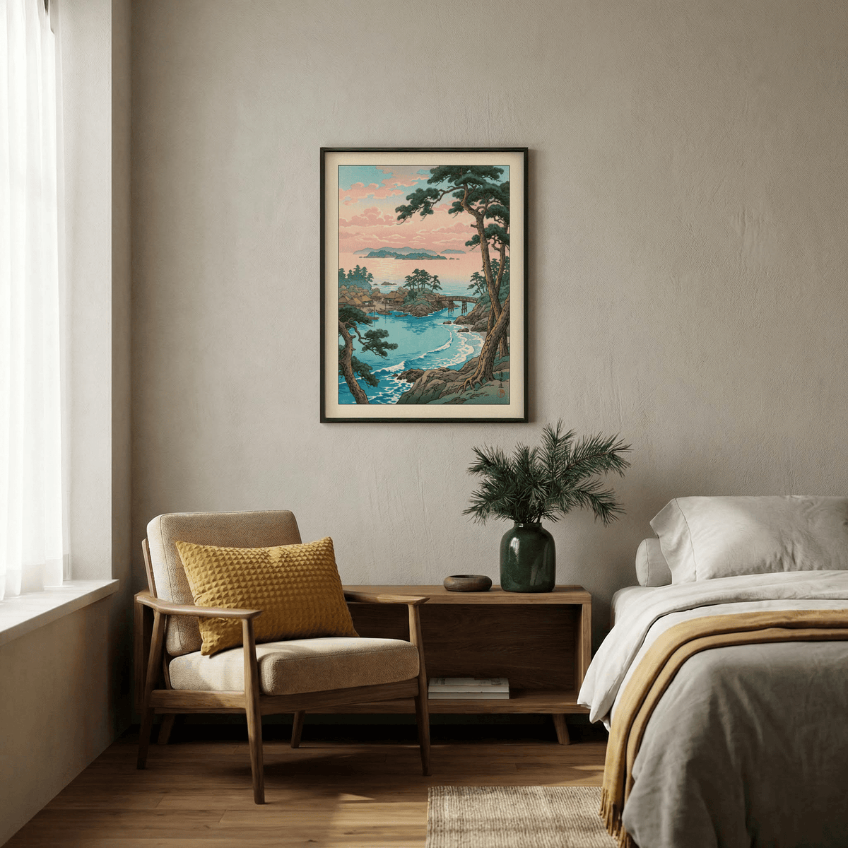 Hasui Kawase Sea Landscape Print hanging above a wooden console with a green vase in a bedroom