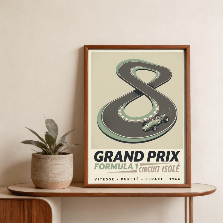 Vintage Race Car Wall Art framed print with minimalist retro design on a wooden table next to a plant