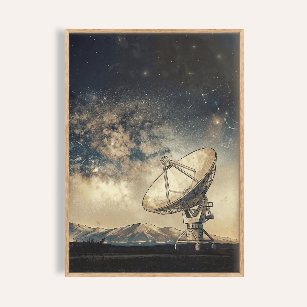 Framed print close-up of satellite art with a large satellite dish under a starry sky in beige and dark blue tones