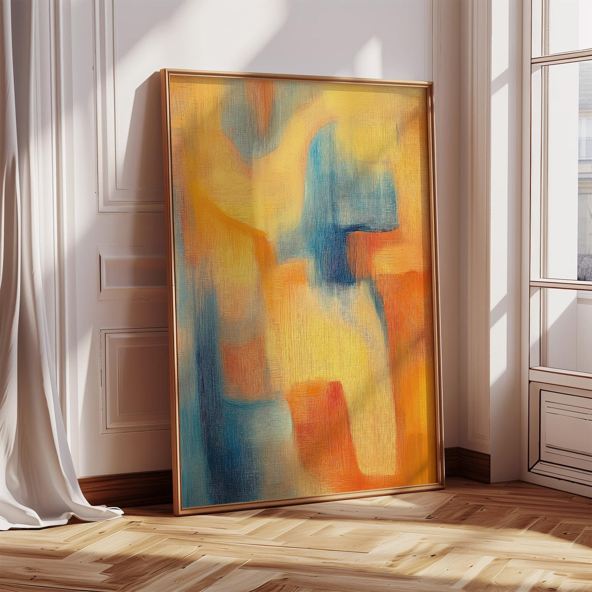Modern Art Posters leaning print of abstract colourful shapes in yellow orange and blue near window