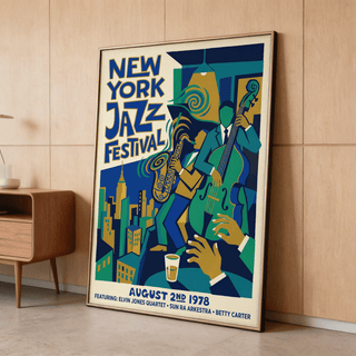 Framed Jazz Music Poster leaning against a wooden wall on the floor beside a wooden sideboard