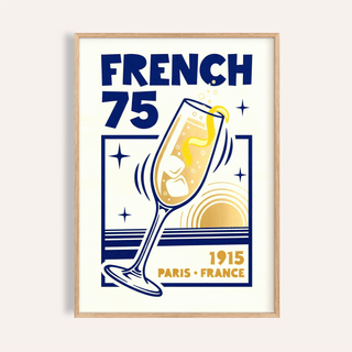 Framed French 75 Poster showing an illustrated cocktail glass with yellow and blue details