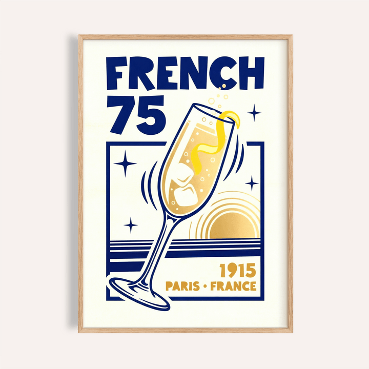 Framed French 75 Poster showing an illustrated cocktail glass with yellow and blue details