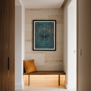 Colourful Nature Print wall art of a lotus flower with birds and dragonflies in blue and green tones in an entrance hallway above a wooden