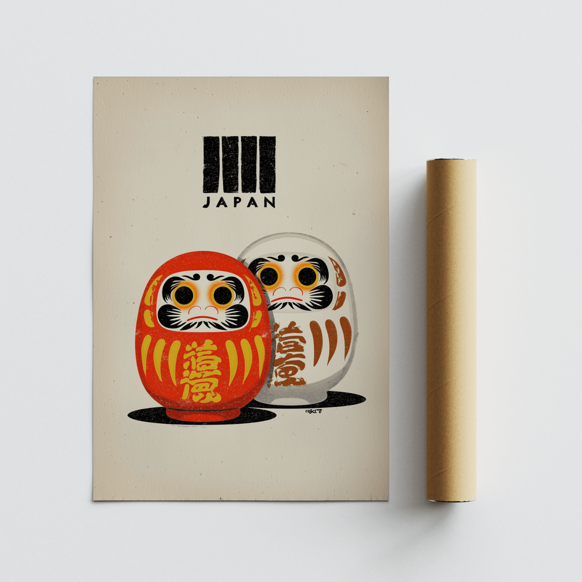 Daruma Print flat artwork of red and white daruma dolls with a neutral background alongside a brown packaging tube