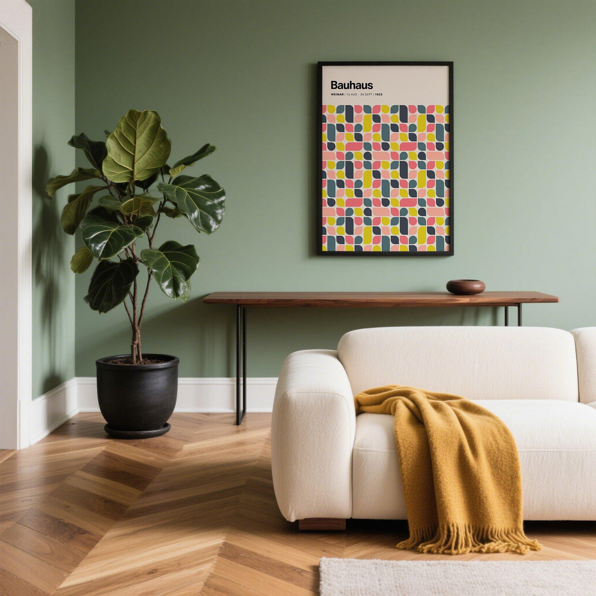 Colourful wall poster with Bauhaus geometric pattern in a living room with a fiddle leaf fig plant