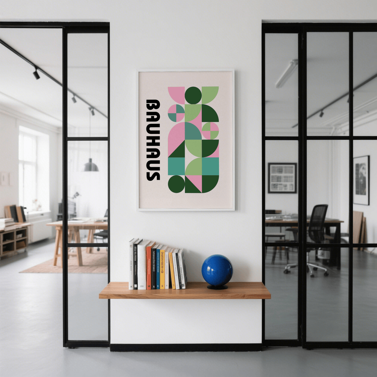 Modern graphic print with geometric shapes in pink and green above books and a blue globe