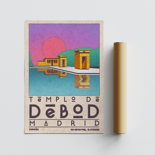 Templo De Debod art print with an orange and purple illustration beside a packaging tube
