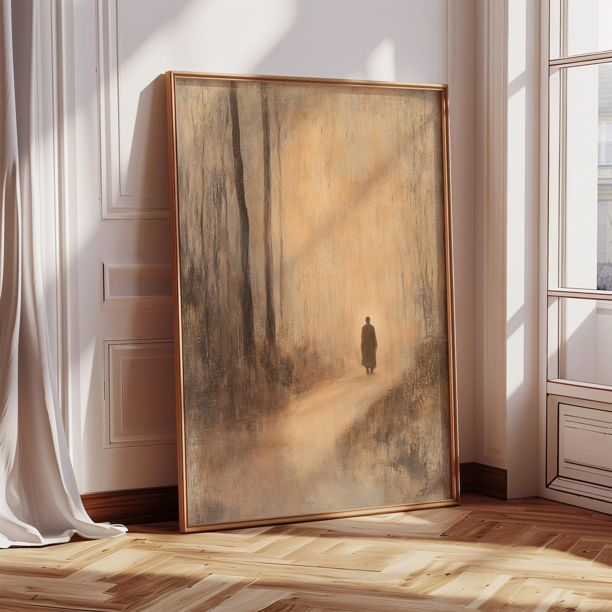Print leaning on a floor of Antique Japanese Prints showing a monk walking in a misty forest in soft brown tones