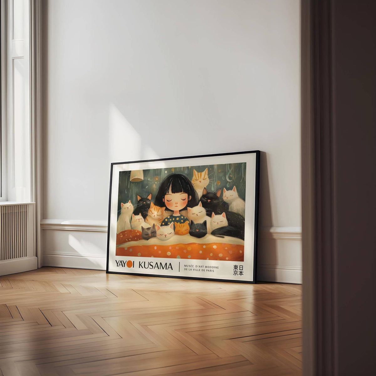 Cat Art Print leaning on floor with sunlight on wooden parquet