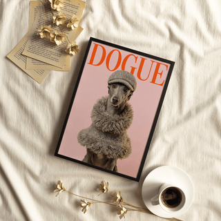 Dressed Up Dog Print of a greyhound in a tweed hat and collar on fabric with coffee cup and dry flowers