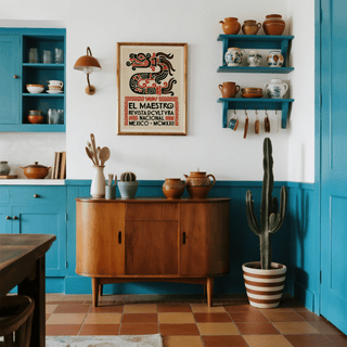 Mexican Cultural Art Print of a stylised serpent with red and black patterns hanging on a kitchen wall above a wooden sideboard with pottery